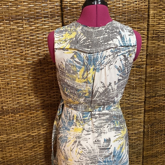 EUC H by Halston white yellow black blue leaf print wrap hi/low maxi dress - Picture 5 of 10